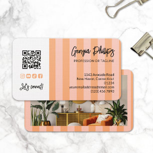 Peach Blush Stripes QR Code Photo Social Media Business Card
