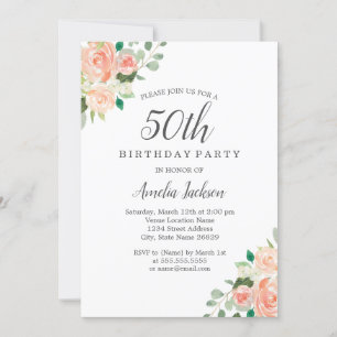 Peach Blush Watercolor Floral 50th Birthday Party Invitation