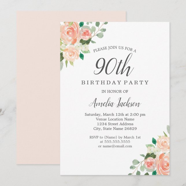 Peach Blush Watercolor Floral 90th Birthday Party Invitation (Front/Back)