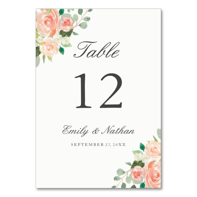 Peach Blush Watercolor Floral Table Number Cards (Front)