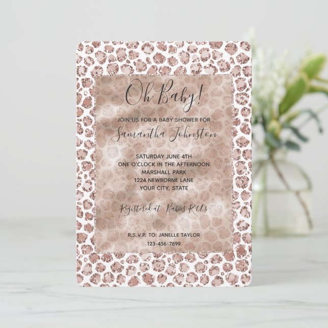 Peach Blush White Leopard Print Glitter       Invitation (Standing Front)
