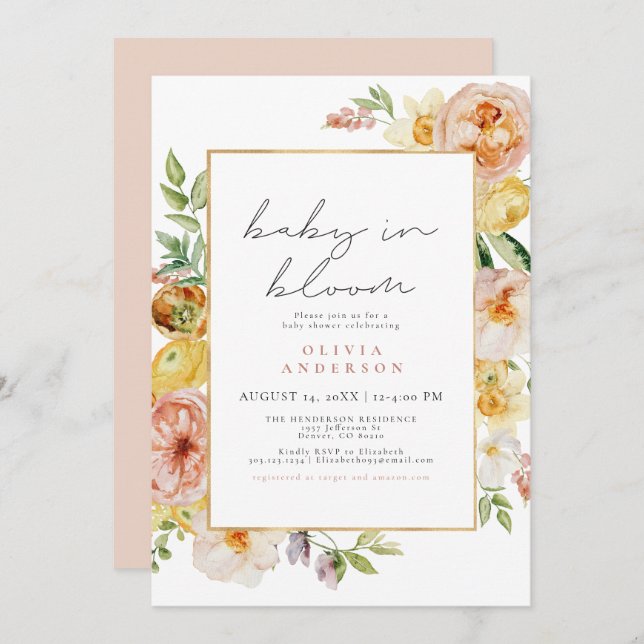 Peach & Blush Wildflower Girl Baby Shower Invitation (Front/Back)