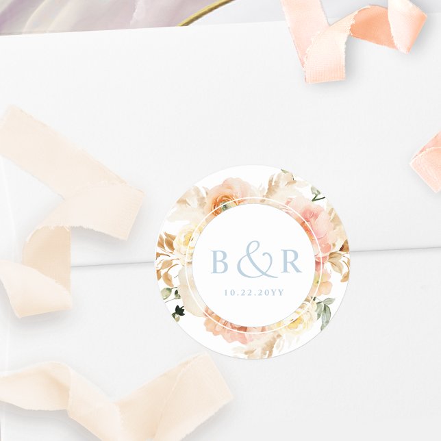 Peach Blush with Blue Wedding Envelope / Favour Classic Round Sticker (Creator Uploaded)