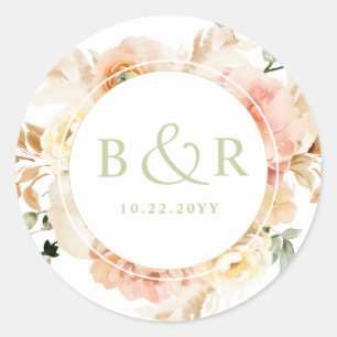 Peach, Blush with Green Wedding Envelope / Favour Classic Round Sticker