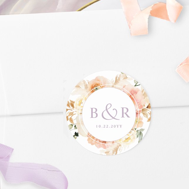 Peach Blush with Lavender Wedding Envelope / Favou Classic Round Sticker (Creator Uploaded)