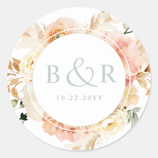 Peach, Blush with Sage Wedding Envelope / Favour Classic Round Sticker (Front)