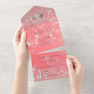 Peach Bokeh and Glitter Quinceañera All In One Invitation