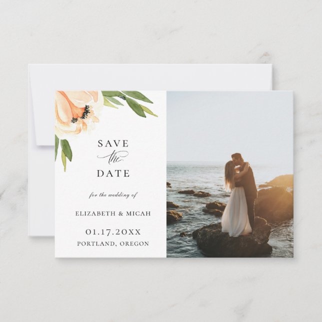 Peach Botanical Photo Save The Date Announcement (Front)