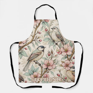 Peach Botanical Songbird Black Ink Floral Pattern Apron
