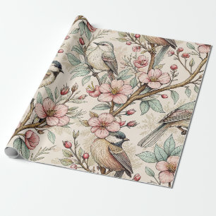 Peach Botanical Songbird Black Ink Floral Pattern Wrapping Paper