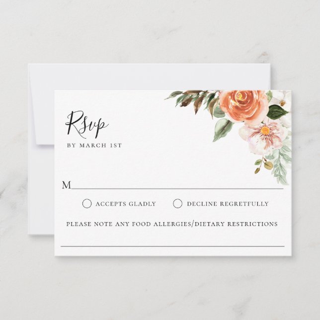 Peach Botanical Wedding Food Allergy RSVP Card (Front)