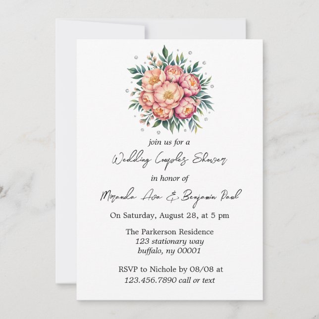 Peach Bouquet with Diamonds Wedding Couples Shower Invitation (Front)