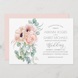 Peach Bouquet With Eucalyptus Greenery Wedding Invitation