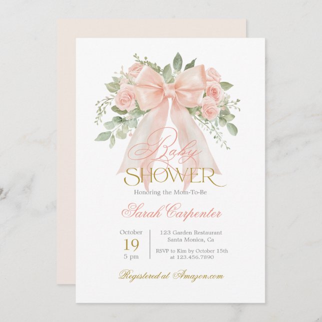 Peach Bow Baby Shower Girl invitation (Front/Back)
