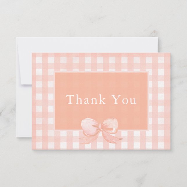 Peach Bow Gingham Thank You Card (Front)