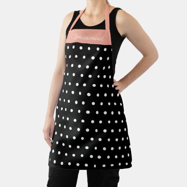 Peach Bridesmaid Black and White Polka Dot Name Apron (Insitu)