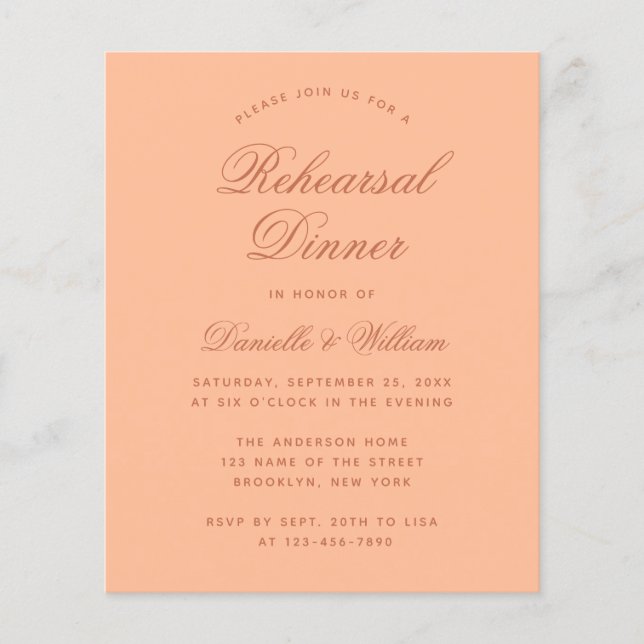 Peach & Brown Budget Rehearsal Dinner Invitation (Front)