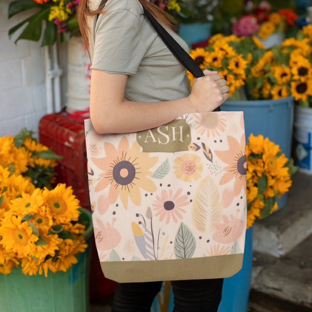 Peach Brown Floral Monogram Tote Bag (Creator Uploaded)