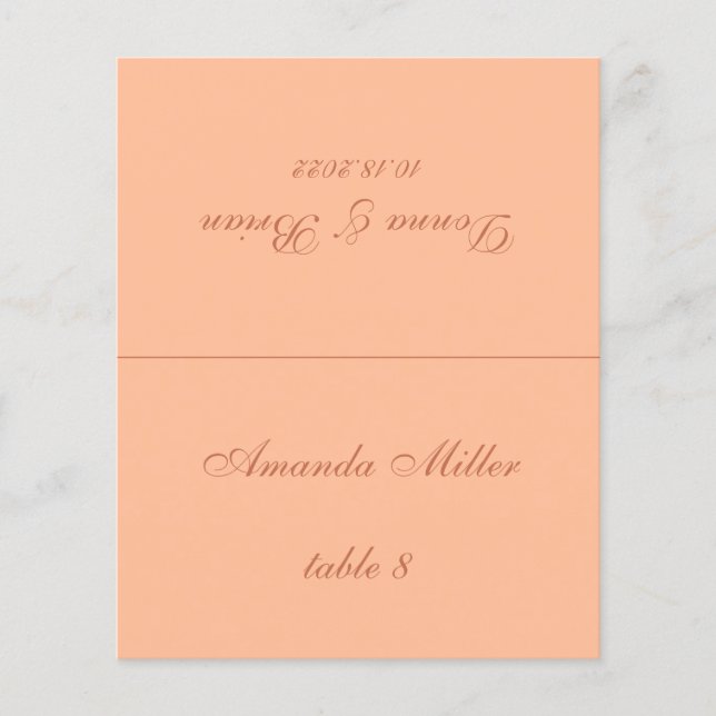Peach Brown Printed Guest Name Wedding Place Card (Front)