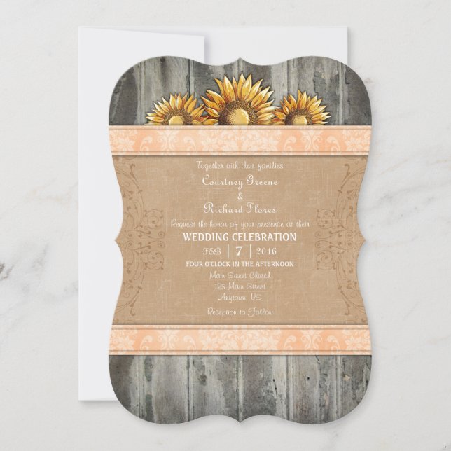 Peach Brown Rustic Sunflower Wedding Invite (Front)