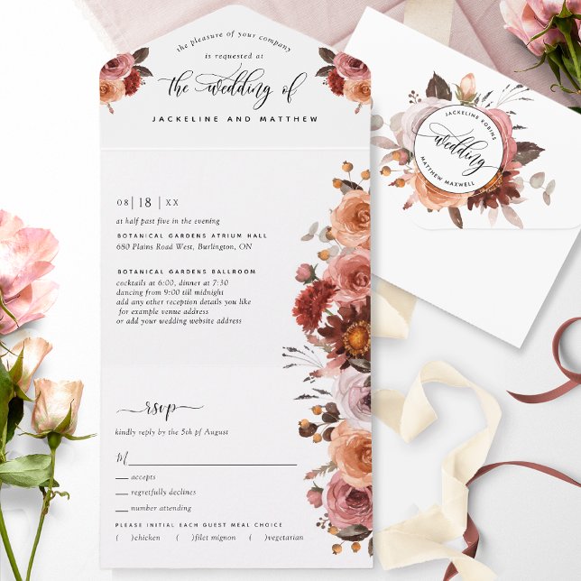 Peach, Burgundy Blush Floral Wedding Tear Off RSVP All In One Invitation (Creator Uploaded)