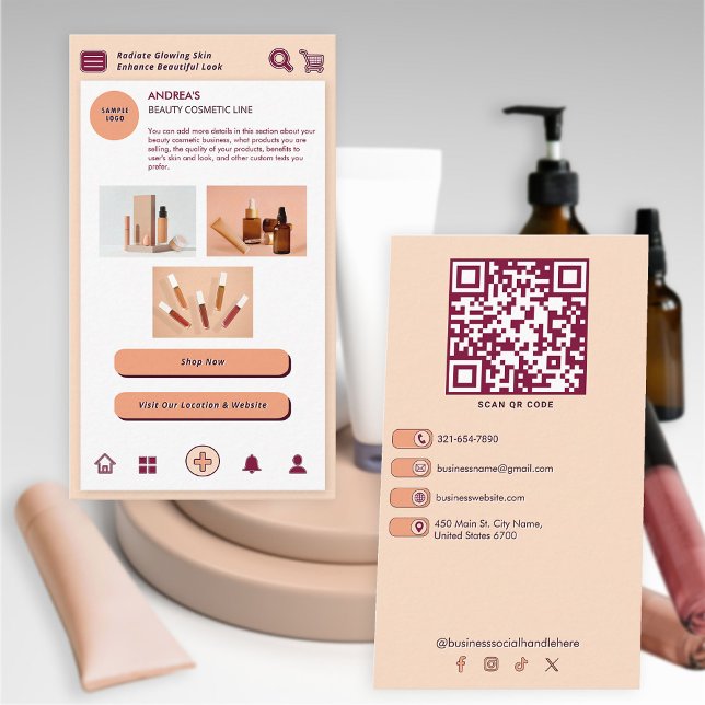 Peach Burgundy Brand Beauty Cosmetic QR Code Techy Business Card (Creator Uploaded)