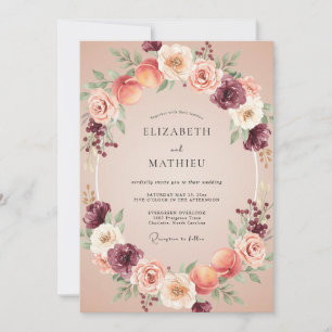 Peach Burgundy Floral Romance Wedding Invitation