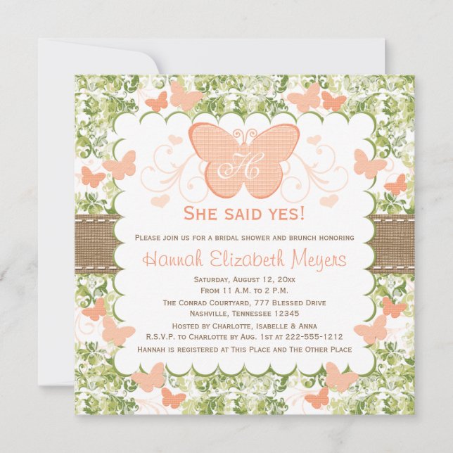 Peach Burlap Butterfly Bridal Shower Invitations (Front)