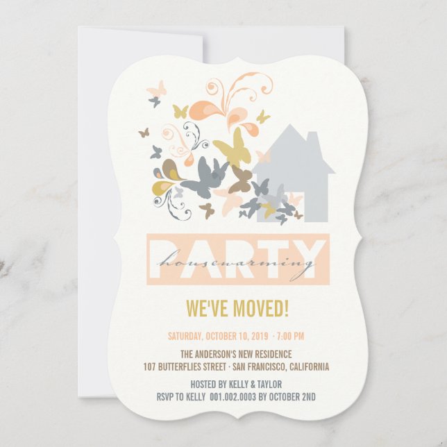 Peach Butterflies Burst House Warming Party Invite (Front)