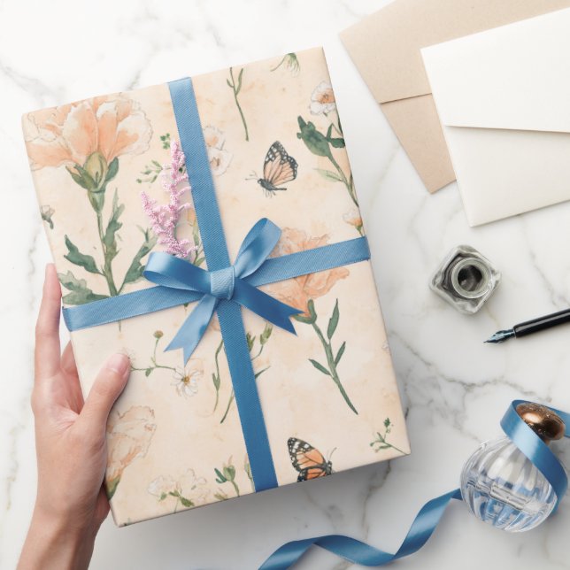 Peach Butterflies Floral Bridal Shower Wrapping Paper (Gifting)