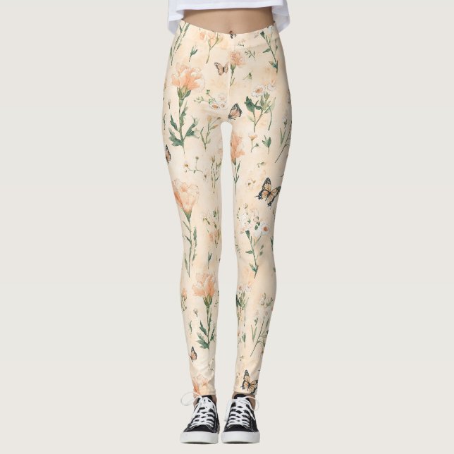 Peach Butterflies Floral Leggings (Front)