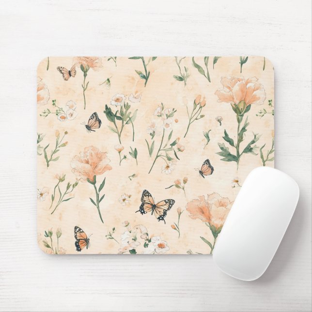 Peach Butterflies Floral Mouse Pad (With Mouse)