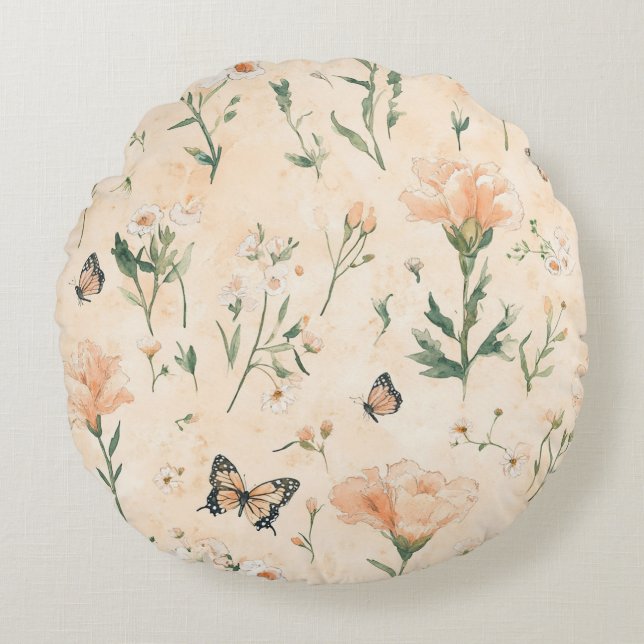 Peach Butterflies Floral Round Cushion (Front)