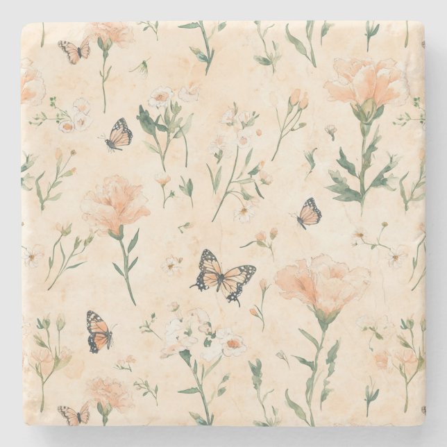 Peach Butterflies Floral Stone Coaster (Front)