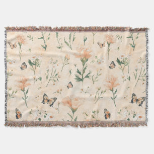 Peach Butterflies Floral Throw Blanket