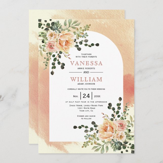 Peach cactus flowers soft terracotta arch wedding  invitation (Front/Back)