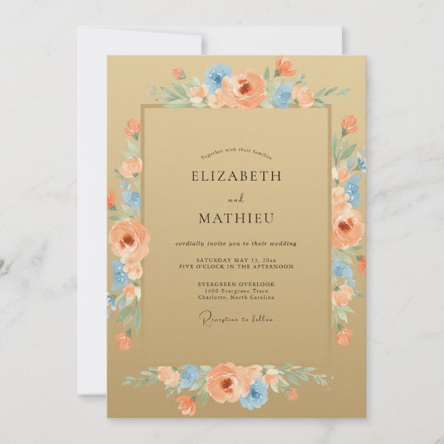 Peach Cerulean Wildflower Wedding Invitation (Front)