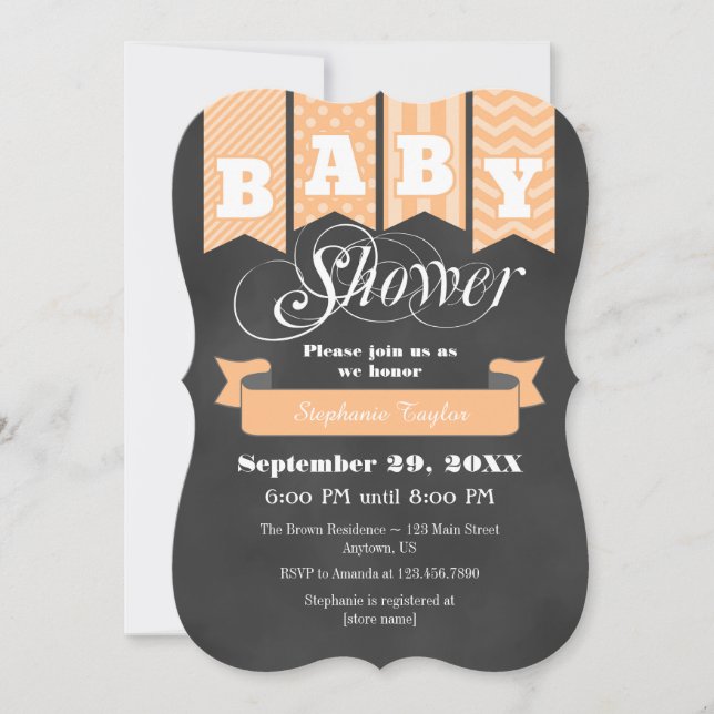 Peach Chalkboard Flag Baby Shower Invite (Front)