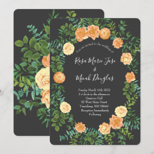 Peach & Charcoal Grey Peony & Rose Floral Wedding Invitation