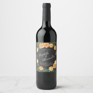 Peach & Charcoal Grey Peony & Rose Floral Wedding Wine Label