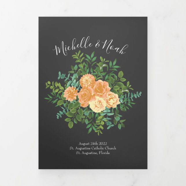 Peach Charcoal Grey Peony Rose Wedding Programs Tri-Fold Programme (Cover)