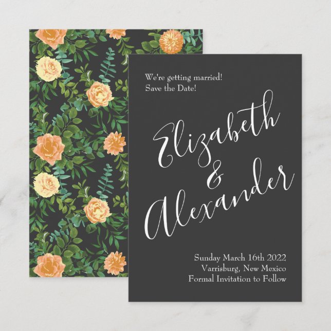Peach Charcoal Grey Peony Rose Wedding Save Date Invitation (Front/Back)