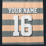Peach Charcoal Sports Jersey Preppy Stripe Shower Curtain<br><div class="desc">Preppy Striped Team Jersey / Sports Jersey / Football Jersey / Rugby Jersey with Custom Name Customise this with your own name or team name and a number. You can change the size, colour and placement of the text if you need to make changes, change the colour of or remove...</div>