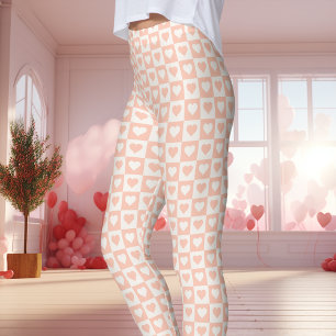 Peach Chequerboard Heart Valentine's Day Leggings
