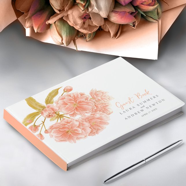 Peach cherry blossom watercolor custom wedding guest book (Creator Uploaded)