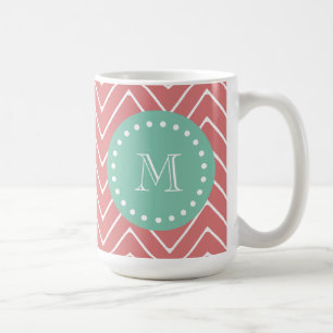 Peach Chevron Pattern Mint Green Monogram Coffee Mug