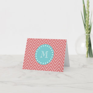 Peach Chevron Pattern   Teal Monogram Note Card