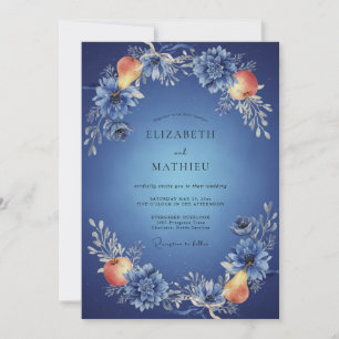 Peach Cobalt Fruit Eucalyptus Wedding Invitation