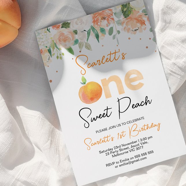 Peach Colored Floral Sweet Peach 1st Birthday Invitation (Girls Our Sweet Peach 1st Birthday Invitations, One Little Peach invite, Girls Peach Party Invite)