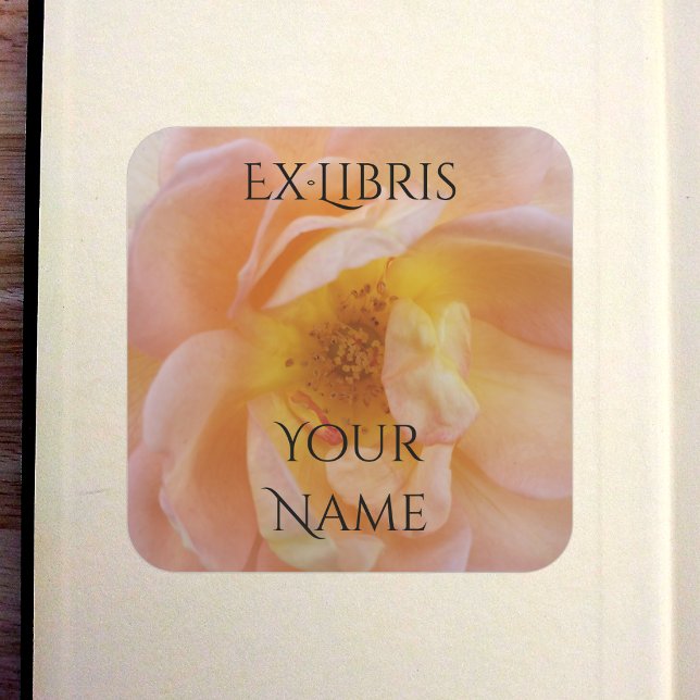 Peach-Colored Rose Bookplate Square Sticker (Peach-Colored Rose Bookplate in Old Book)